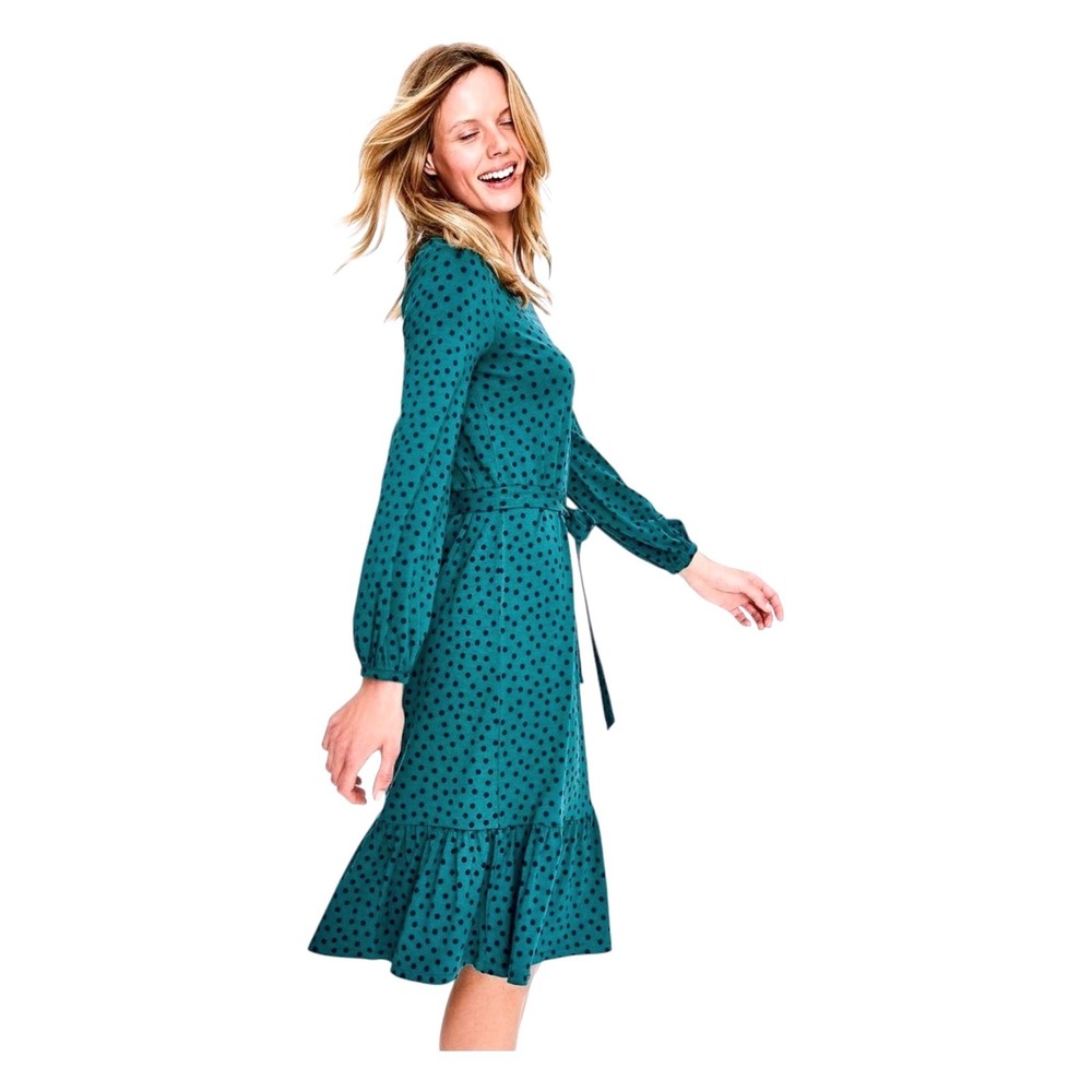 Boden Holly Jersey Midi Dress Teal Green Polka Dot Belted‎ Whimsical Playful 8